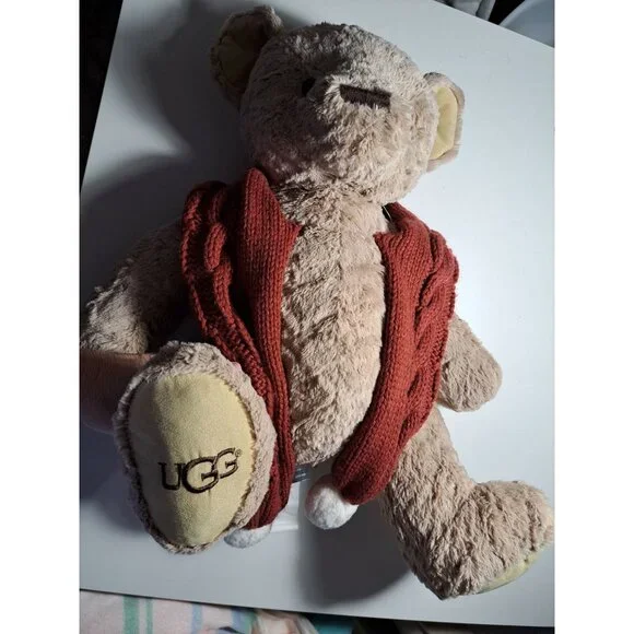 Large UGG Oatmeal Sunny Plush Teddy Bear Red Cable Knit Scarf 16" Toy Stuffed - Picture 2 of 12